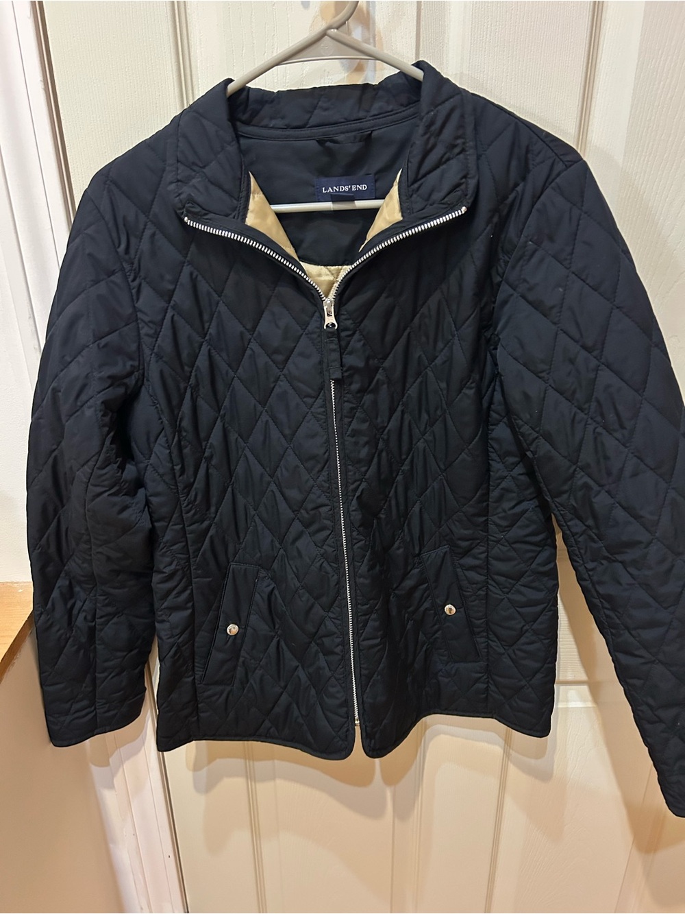 Lands' End Quilted Black Puffer Jacket with Cream Lining